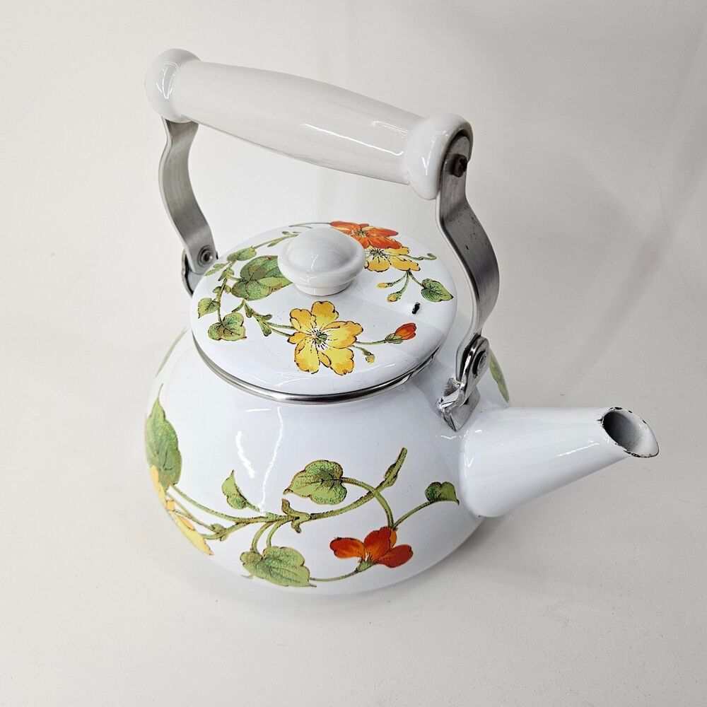 Teapot Enamel Kettle from 1980s or 1990s Super cute cottage core VINTAGE